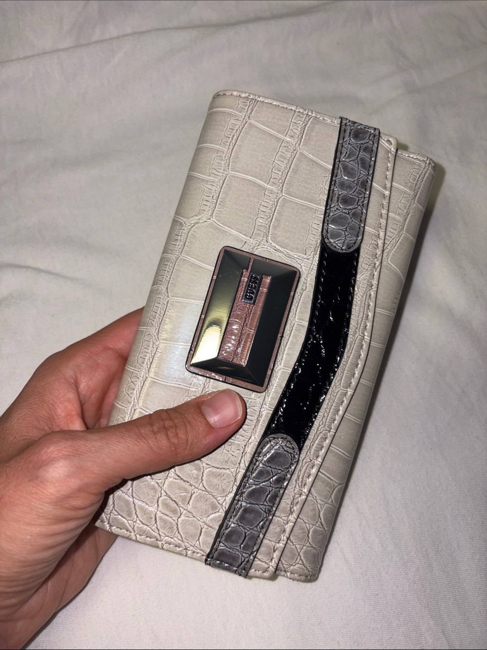 Guess Croc-Embossed Clutch in Light Gray with Black Trim - Picture 8 of 9